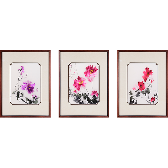 沙发背后小客厅餐厅 三联牡丹 纯手工刺绣  45*60*3cm详情图1