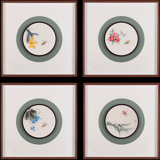 沙发背后小客厅茶室 四联荷花 纯手工刺绣 55*55*4cm