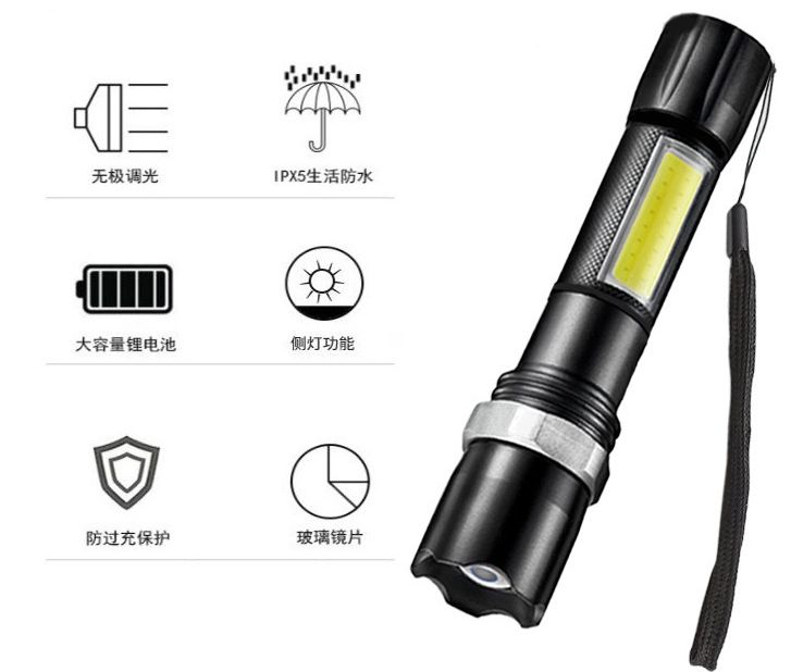 跨境专供铝合金强光手电筒 COB工作灯USB充电变焦远射手电筒批发 Specification drawing