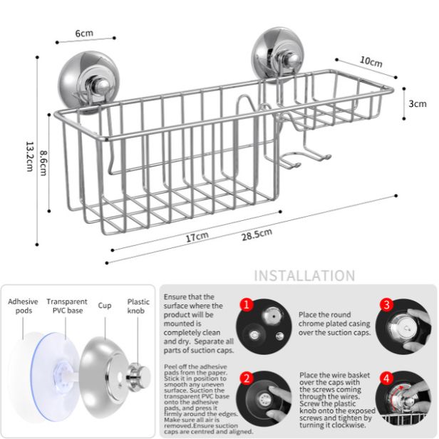 Vacuum suction cup shower storage basket Wrought iron electroplated soap box sponge rack with hook storage rack