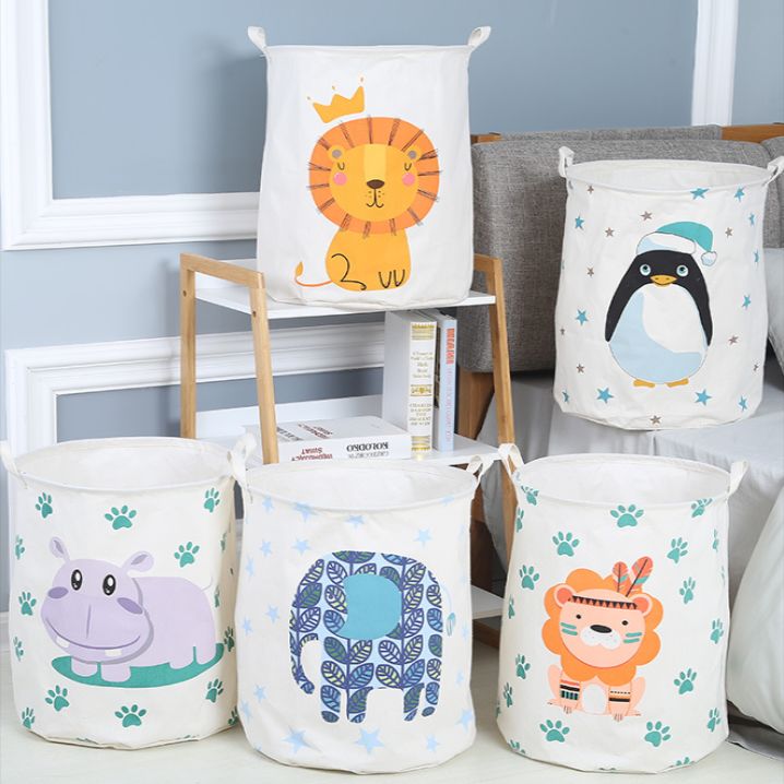 Cotton linen cartoon fabric dirty clothes basket collapsible waterproof dirty clothes basket round fabric storage bucket wholesale