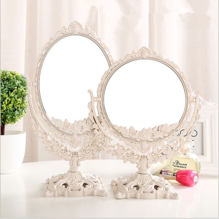 新款双面台式化妆镜 欧式复古花纹镜子 简约大气便携镜子图