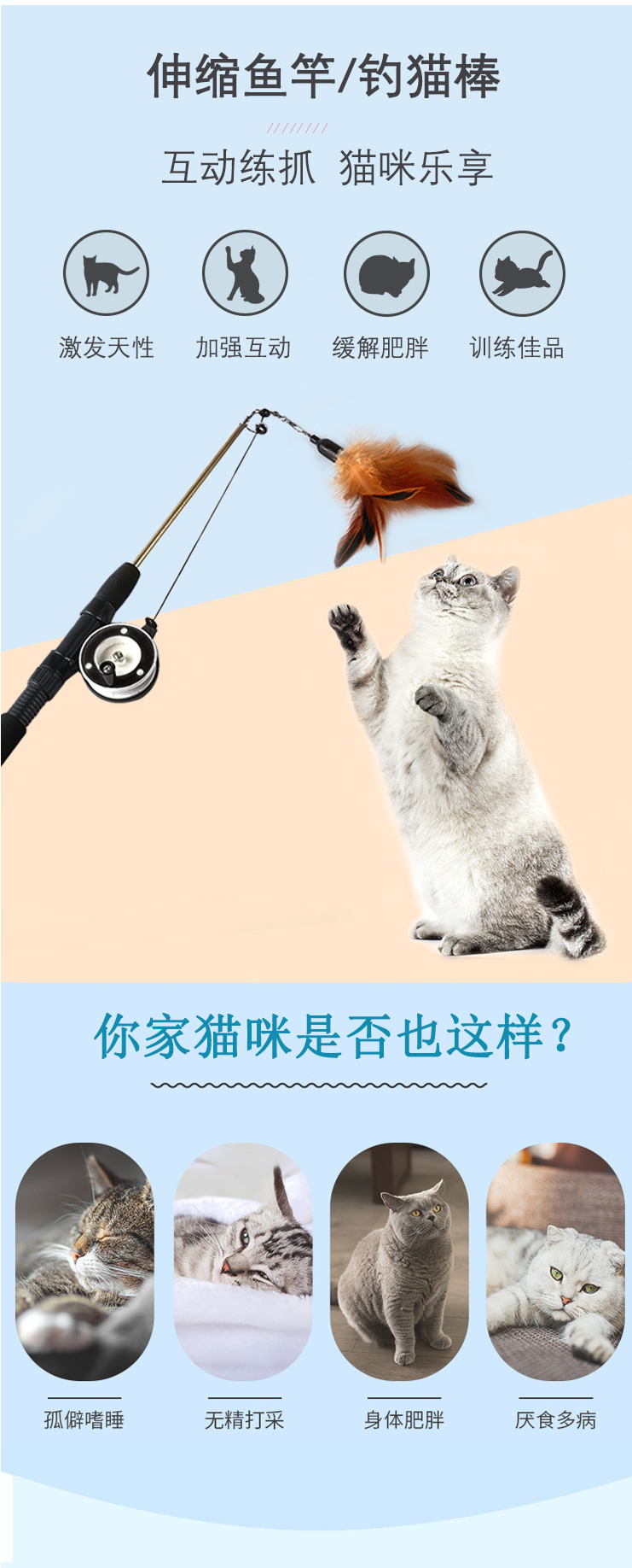 亚马逊 宠物珍珠大鸟羽毛三节伸缩可替换头逗猫棒 猫玩具详情图2