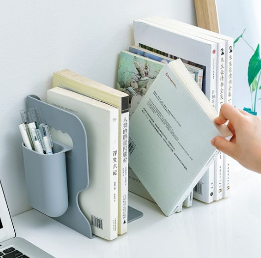 Bookshelves on student desks with bookends