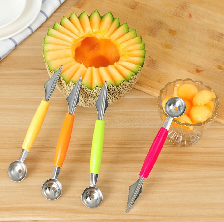 T double-ended stainless steel fruit scoop