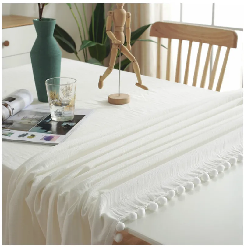 New solid-color pom-poms Christmas tablecloths and tablecloths, simple washable cotton banquet table cloths, TV cabinet tablecloths and cover cloths detail image 5