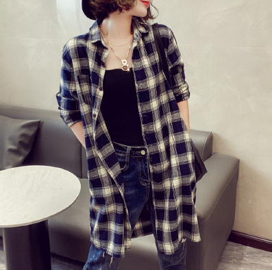 格子衬衫女长袖中长款详情图1