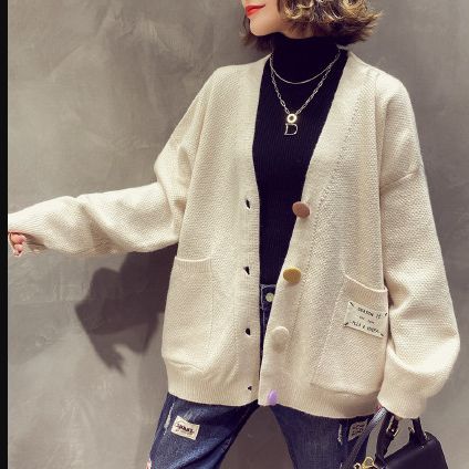 Knit cardigan solid color pocket loose sweater coat top V-neck