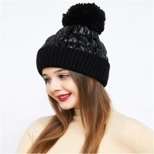 新款欧美冬季百搭加厚羽绒面料毛线帽 女士保暖帽 防水亮面针织帽