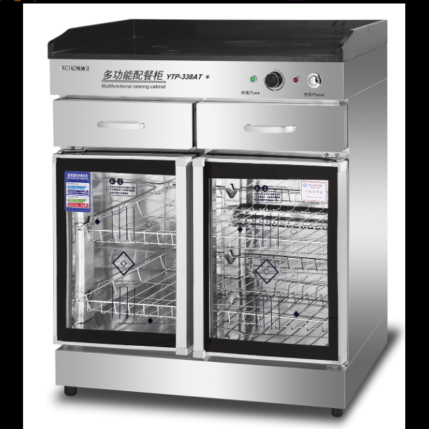 Commercial vertical double-door stainless steel tableware disinfection cabinet with drawers, tea and water cabinet, and catering cabinet detail image 1
