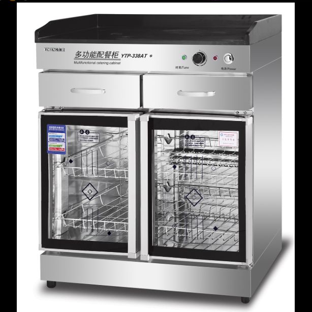 Commercial vertical double-door stainless steel tableware disinfection cabinet with drawers, tea and water cabinet, and catering cabinet