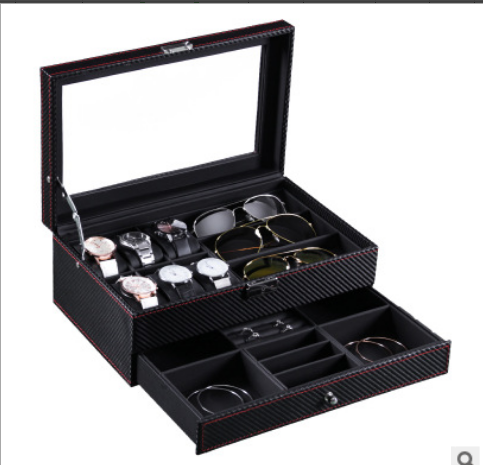 黑色碳纤维全pu6位手表+3位眼镜双层首饰盒详情图1