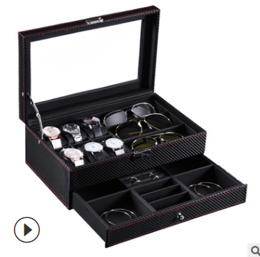 黑色碳纤维全pu6位手表+3位眼镜双层首饰盒详情图4