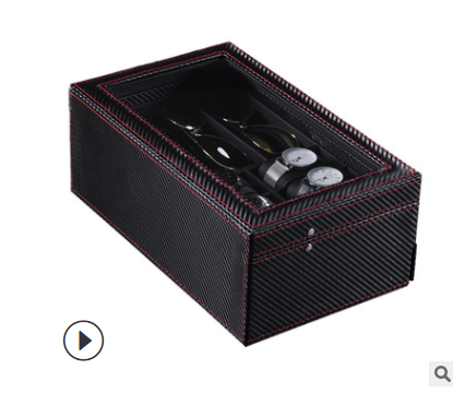 黑色碳纤维全pu6位手表+3位眼镜双层首饰盒详情图2