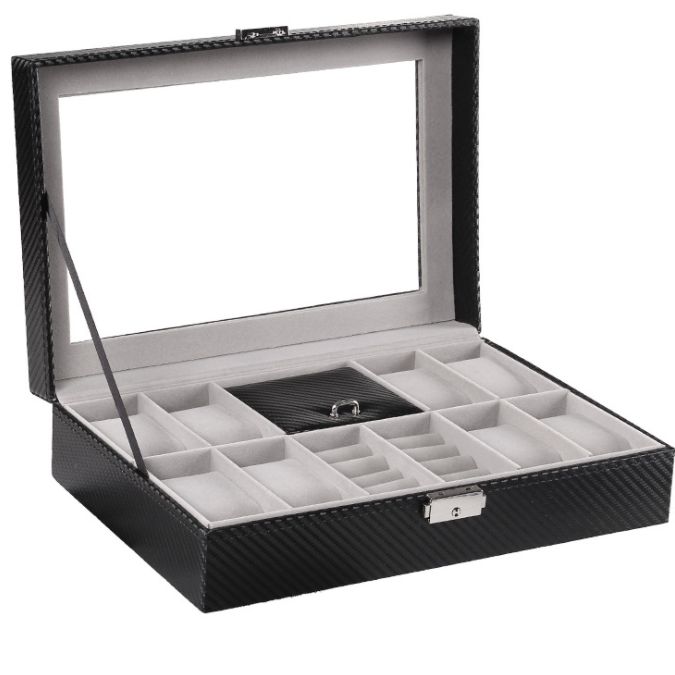 Carbon fiber 8-digit watch case + 2-cell ring jewelry storage case full figure
