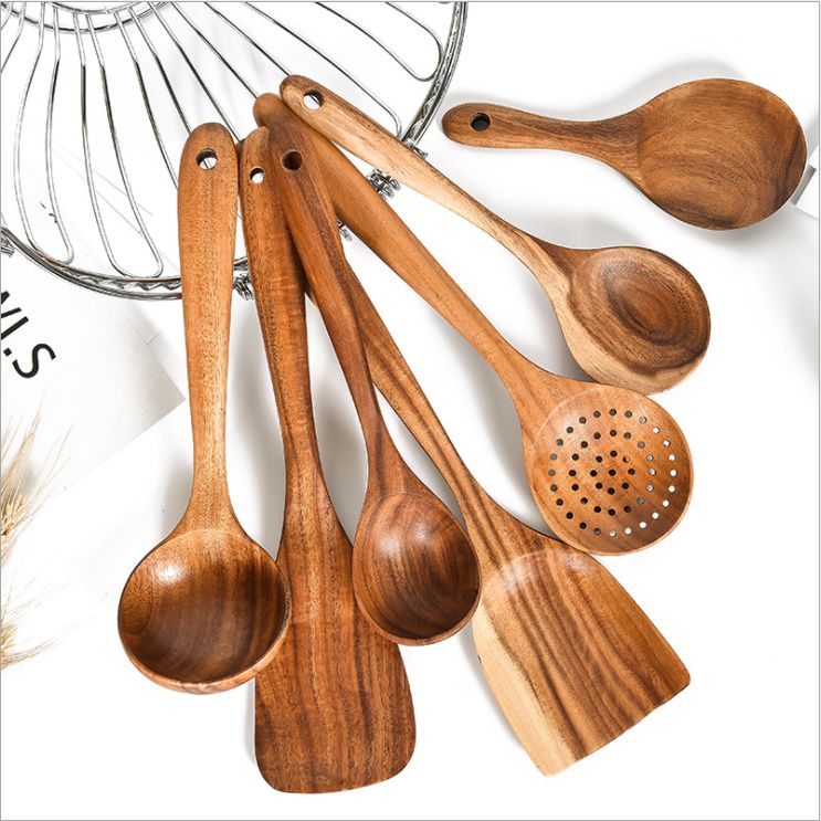 Seven-piece teak shovel spoon set