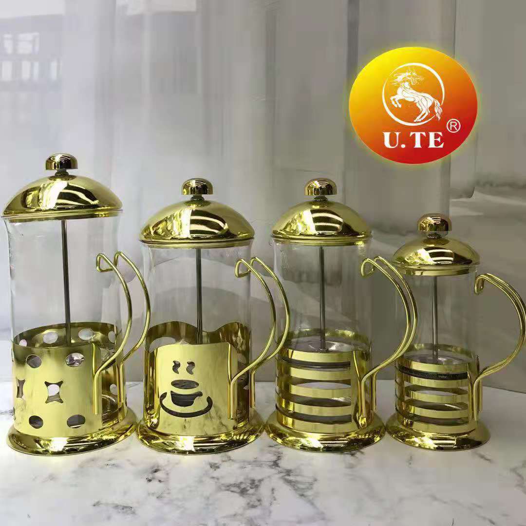 金色不锈钢玻璃冲茶器法压壶咖啡壶