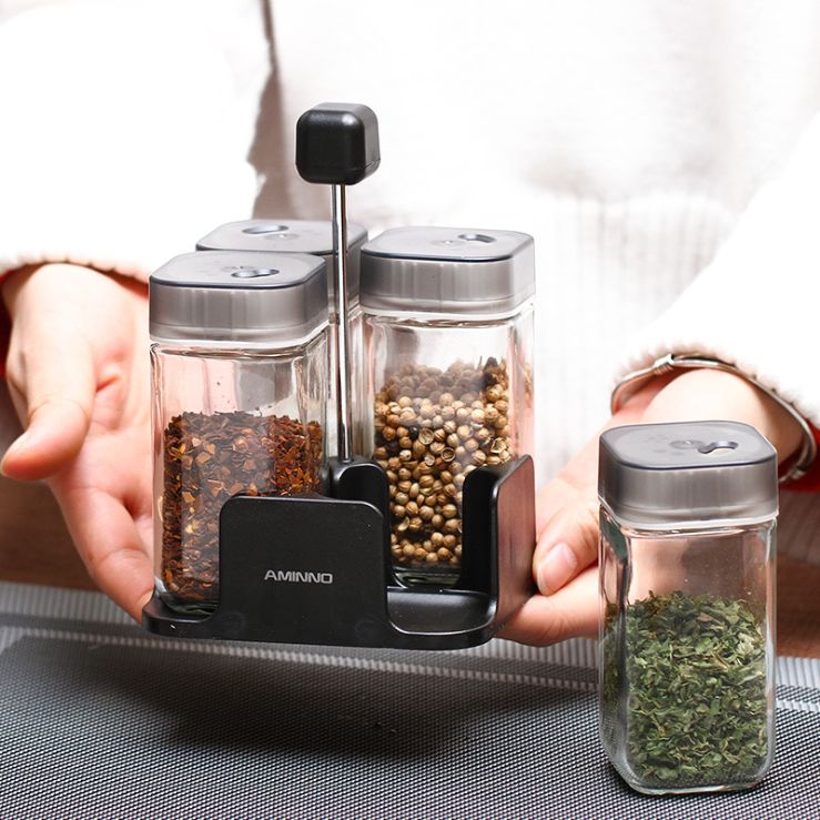 Food grade glass rotating seasoning jar 5-piece set