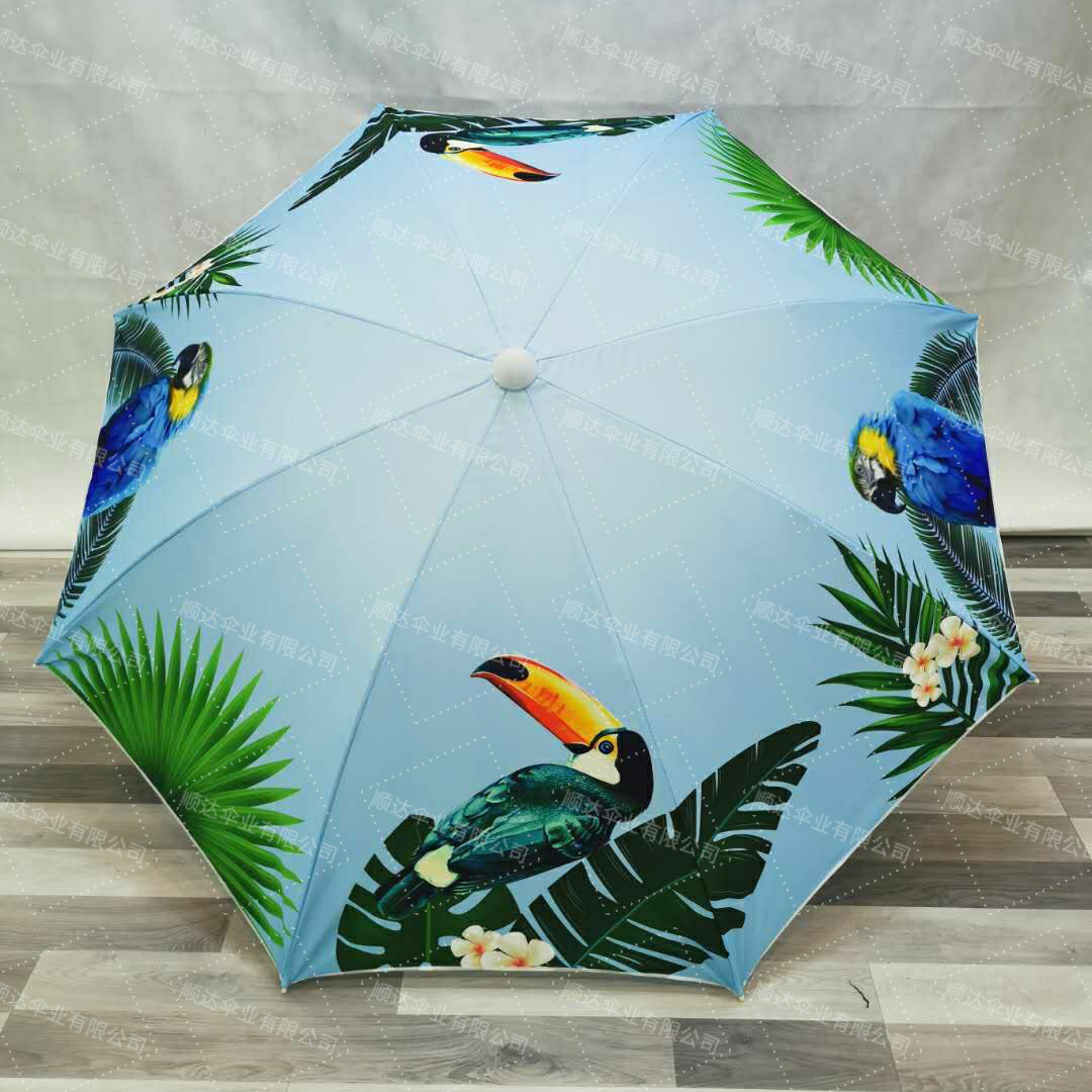 SDumbrella factory supplies new patterned aluminum tubes and fiberglass frames for outdoor beach umbrellas with heat transfer printing