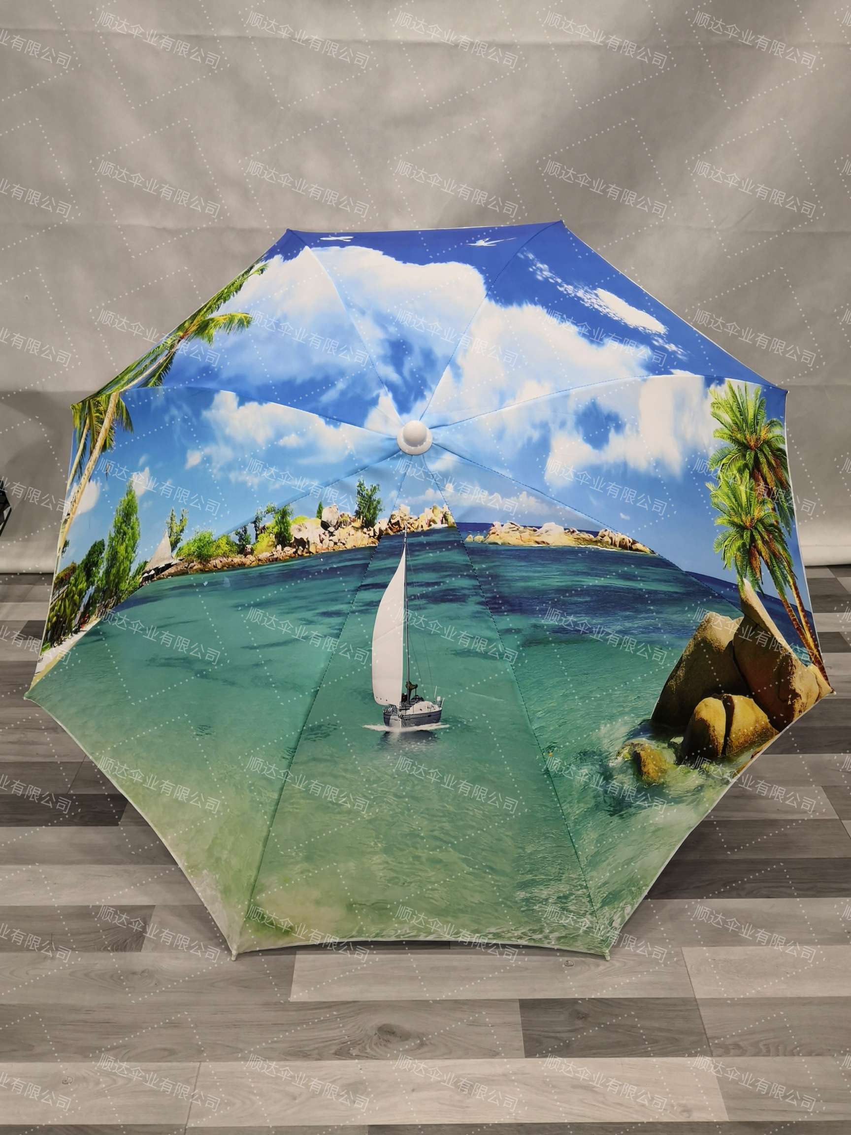 SDumbrella factory supplies polyester heat transfer sun umbrellas with a fresh style of beach scenery Item Picture
