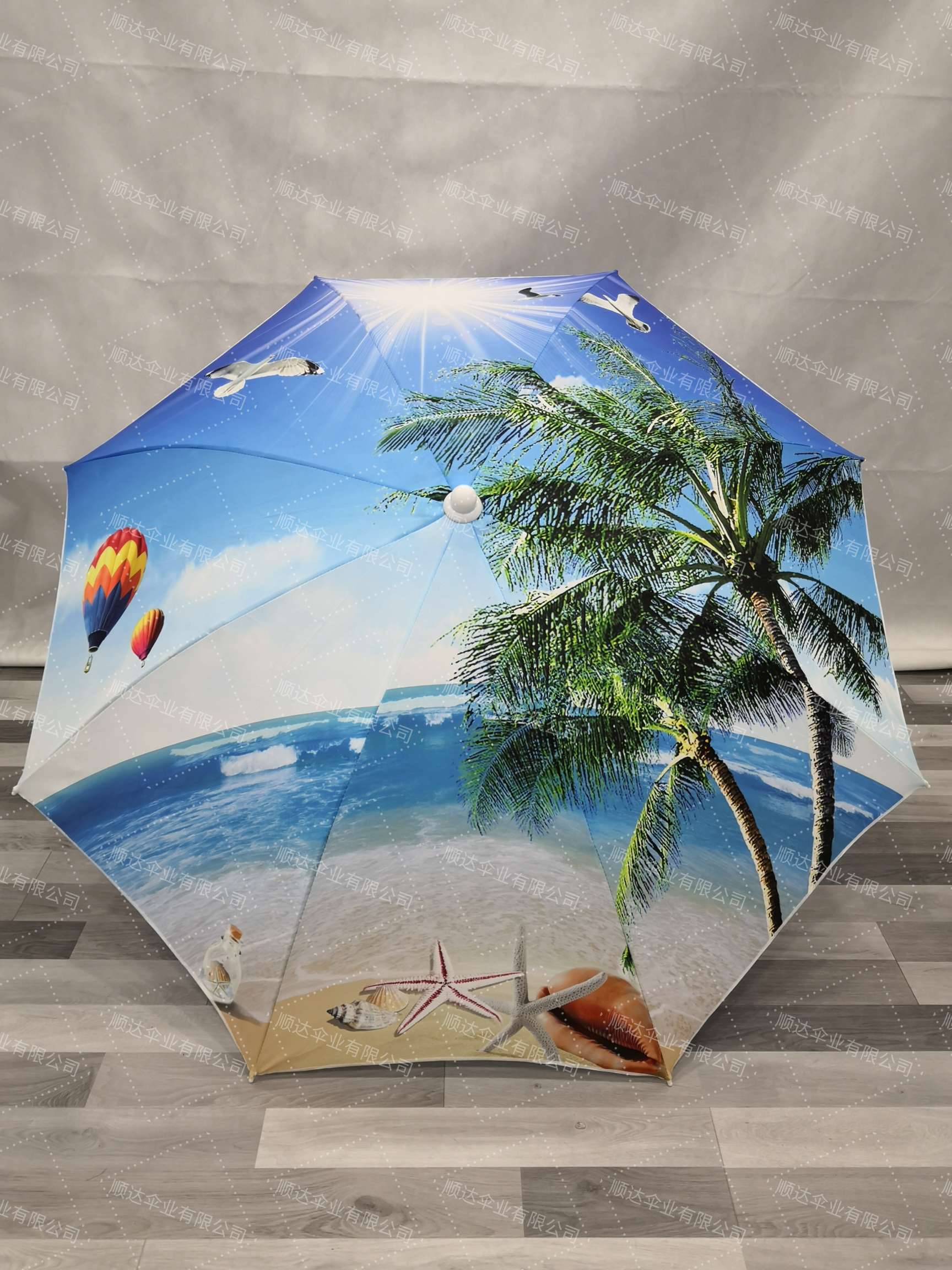 SDumbrella factory supplies polyester heat transfer sun umbrellas with a fresh style of beach scenery details Picture
