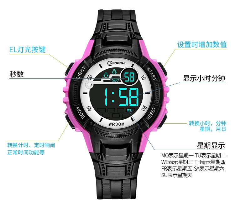 Waterproof sports electronic watch, student fashion watch 8201 Specification image