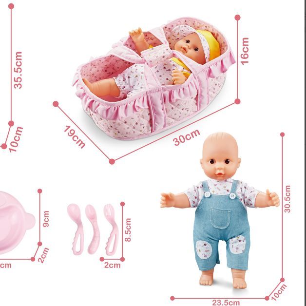 Boxed 12 "cotton body vinyl doll + baby accessories + storage cart