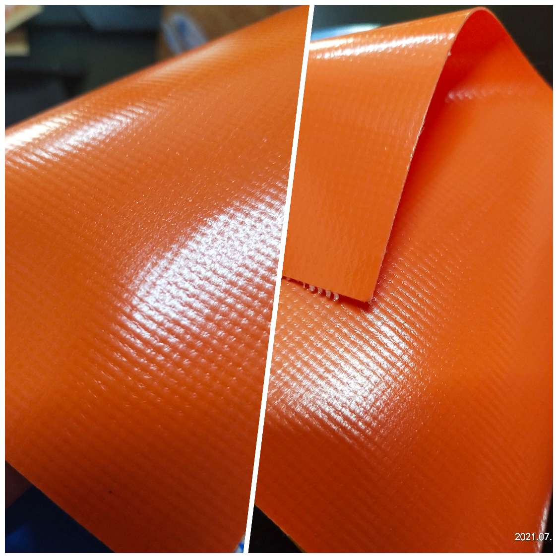 橘黄色光面PVC夹网布  箱包布  机器罩家具罩体育游乐产品专用面料细节图