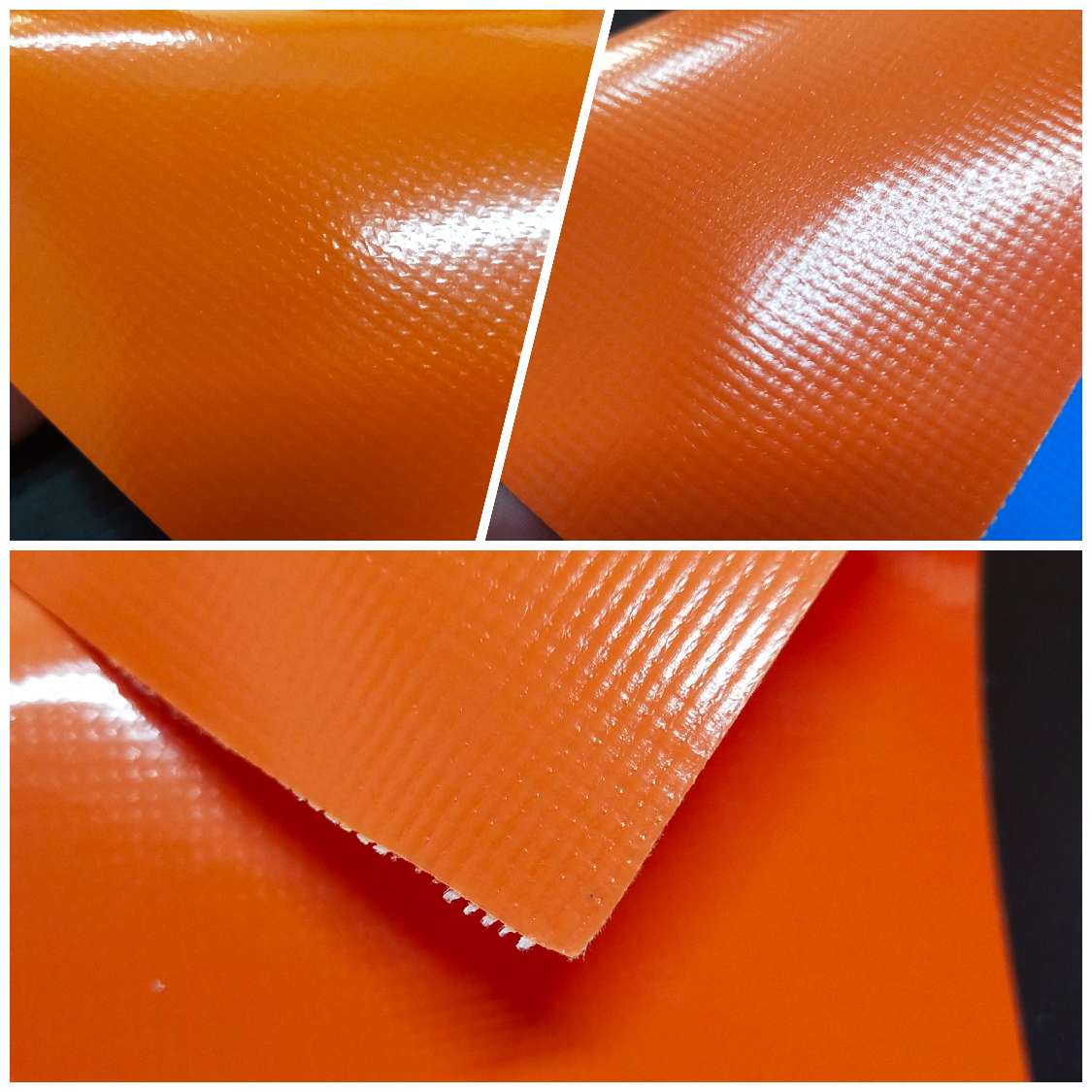 橘黄色光面PVC夹网布  箱包布  机器罩家具罩体育游乐产品专用面料白底实物图