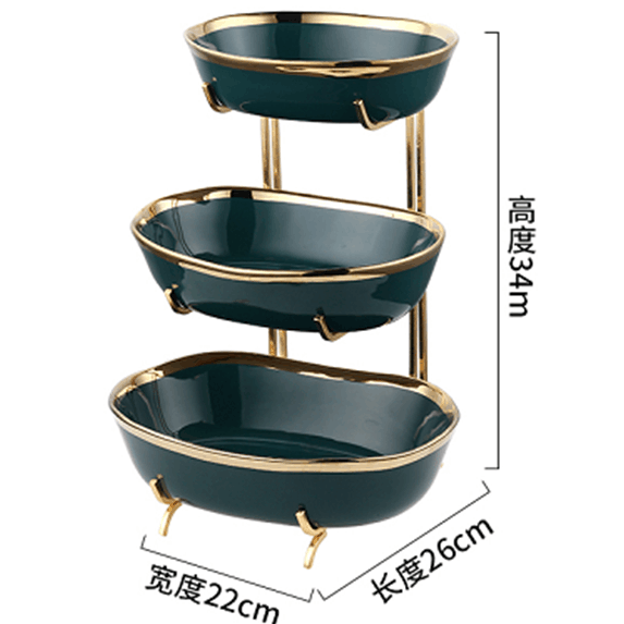 高档陶瓷金边三层竹架水果碗绿色