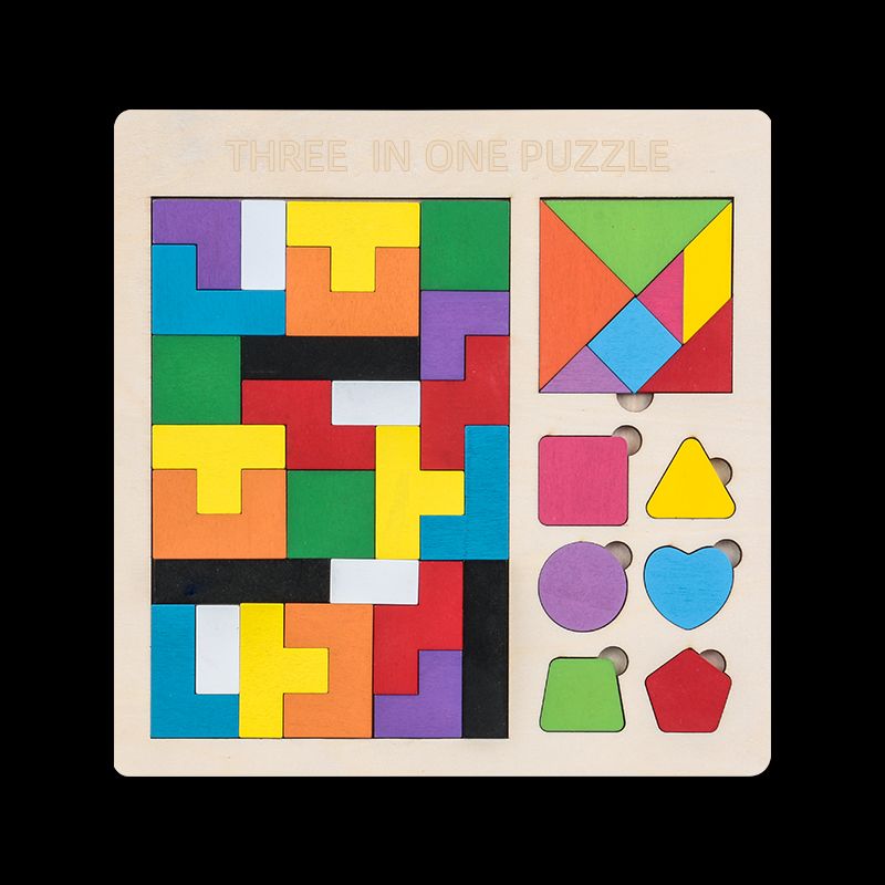 The wooden three-in-one Tetris block is rich in colors and highly entertaining. It can exercise babies' color recognition and visual ability, cultivate logical thinking ability, and exercise early education enlightenment training. It is a parent-child game Item Picture
