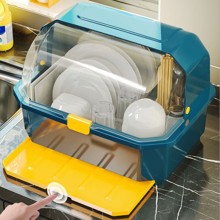 Household dish rack with covered cup holder