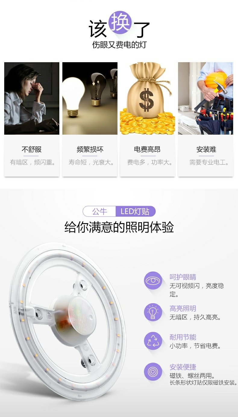 公牛LED24w改造灯板灯珠灯泡灯条贴片单灯节能双重降频闪灯贴详情图2