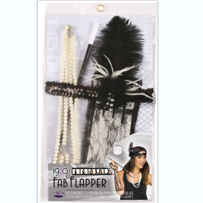 羽毛头戴珍珠项链手套烟杆四件套化妆舞会套装图