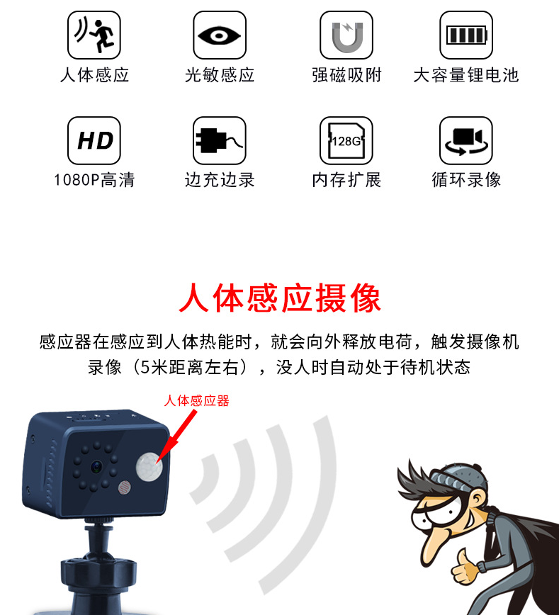 高清摄像头无线监控摄像机相机1080P 带PIR人体感应详情2