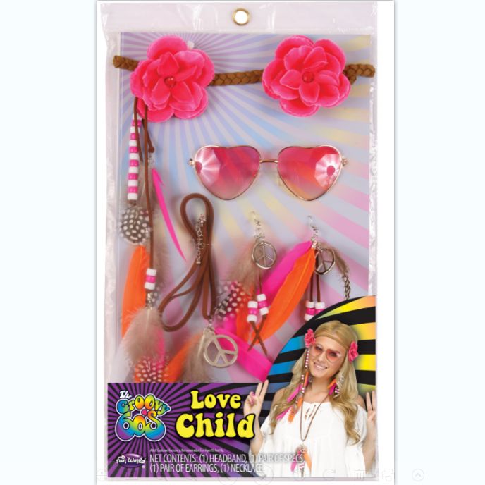 A four-piece masquerade ball set with a flower head, pink glasses, feather necklace and earrings