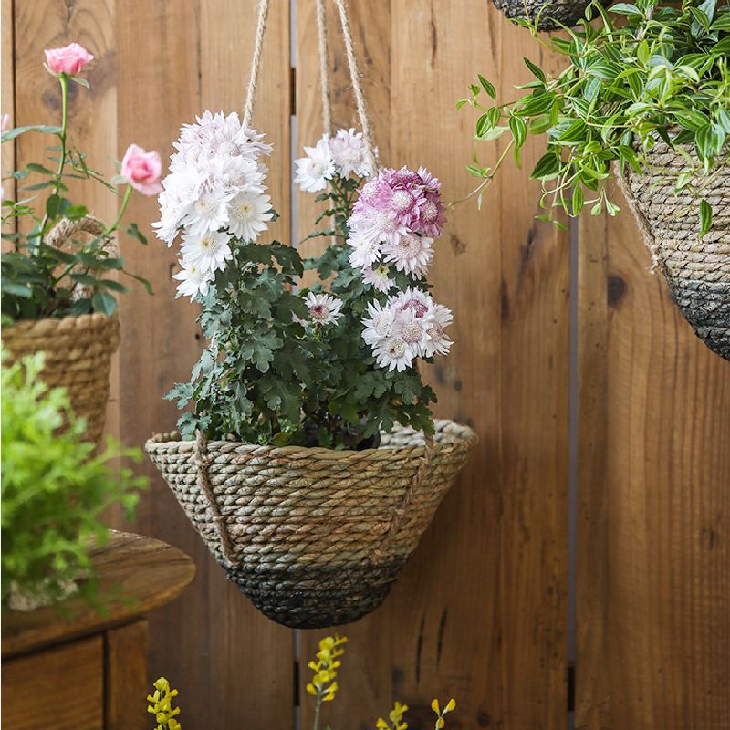 藤编 麻绳吊篮 花篮  海草手工编制侘寂风庭院空中吊饰种花草编篮花盆