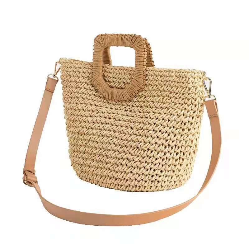 新款草编斜跨手提包/单价大容量海边度假包/日韩潮休闲女包白底实物图