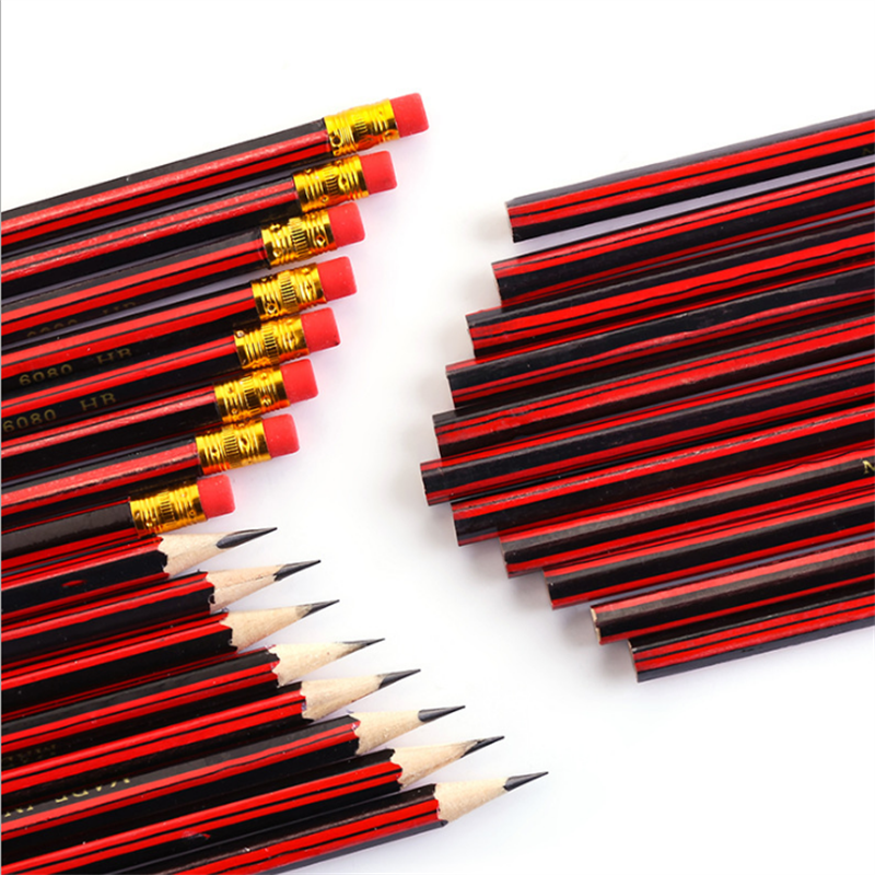 批发绘画素描铅笔红杆套膜小学生文具学习用品带橡皮擦六角HB铅笔详情图8