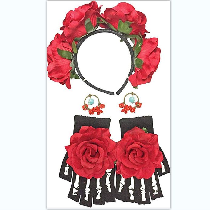 Three-piece set of rose headband, rose earrings and rose gloves for a masquerade ball