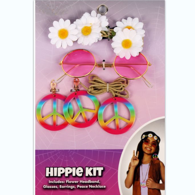 A four-piece masquerade ball suit with glasses, a peace necklace and peace earrings