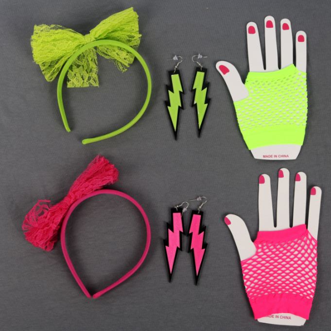 80S Bachelor party Neon-colored headbands, earrings, fishing net gloves, masquerade ball set detail image 1