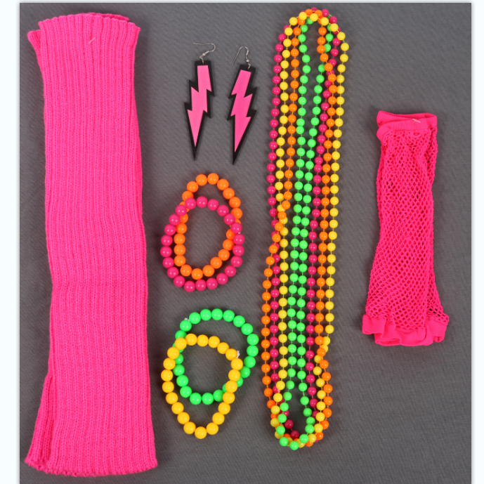 80s bachelor party Neon necklace, bracelet, earrings, foot covers, fishing net gloves, masquerade ball suit detail image 1