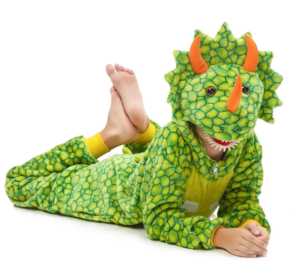 Triceratops animal one-piece pajamas for export, flannel cartoon animal parent-child style, thickened coral fleece for men and women, long-sleeved toilet version home wear detail image 3