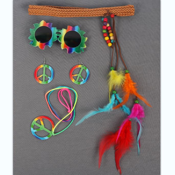 彩色羽毛头戴眼镜和平项链耳环四件套化妆舞会套装图