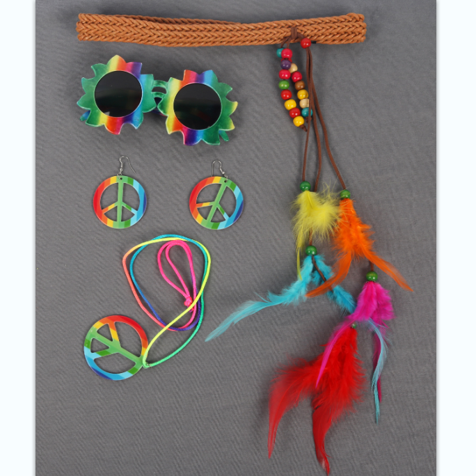 彩色羽毛头戴眼镜和平项链耳环四件套化妆舞会套装详情图1