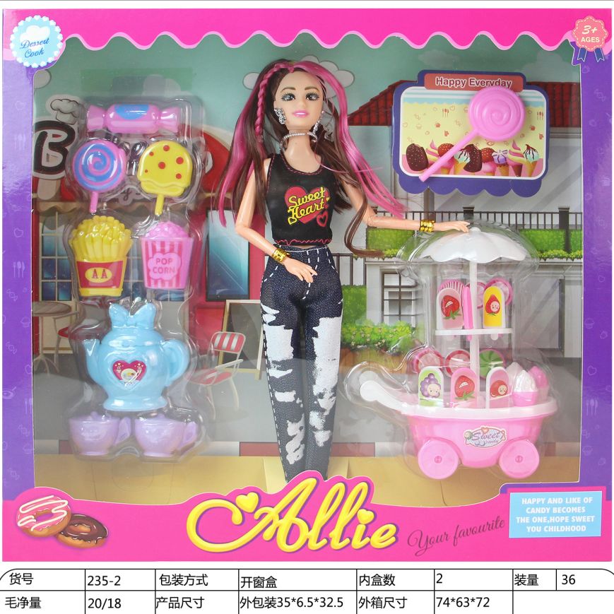 235-2 11.5 "30 cm 9 knuckle-solid 2D color printed Barbie doll ice cream cart + lollipop + tea set fries