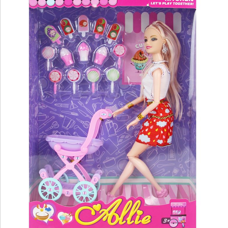 223-4 11.5 "30 cm 11 knuckle solid body 2D color printed Barbie doll + shopping cart + Ice cream ice cream lollipop
