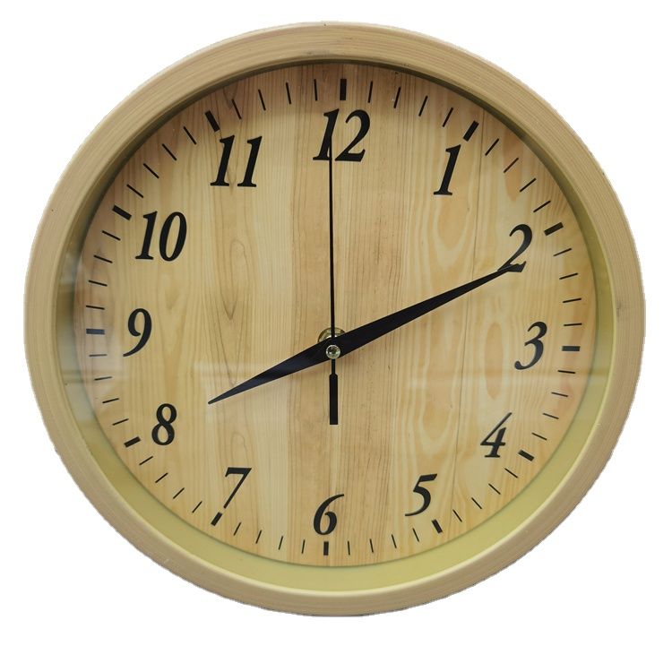 Factory country-style quartz clock wholesale 10-inch cheap round wood grain digital home decoration silent mini wall clock