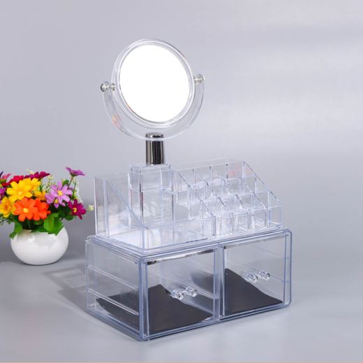   带镜子化妆品透明抽屉式桌面收纳架